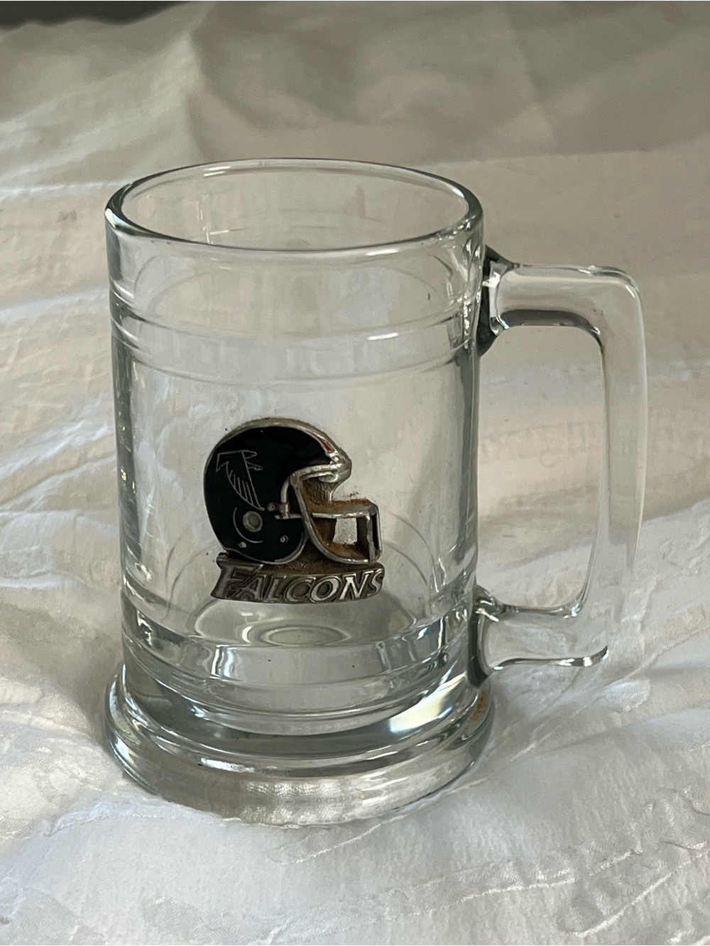 90s Atlanta Falcons Glass Beer Mug - with Pewter Team Helmet Emblem
